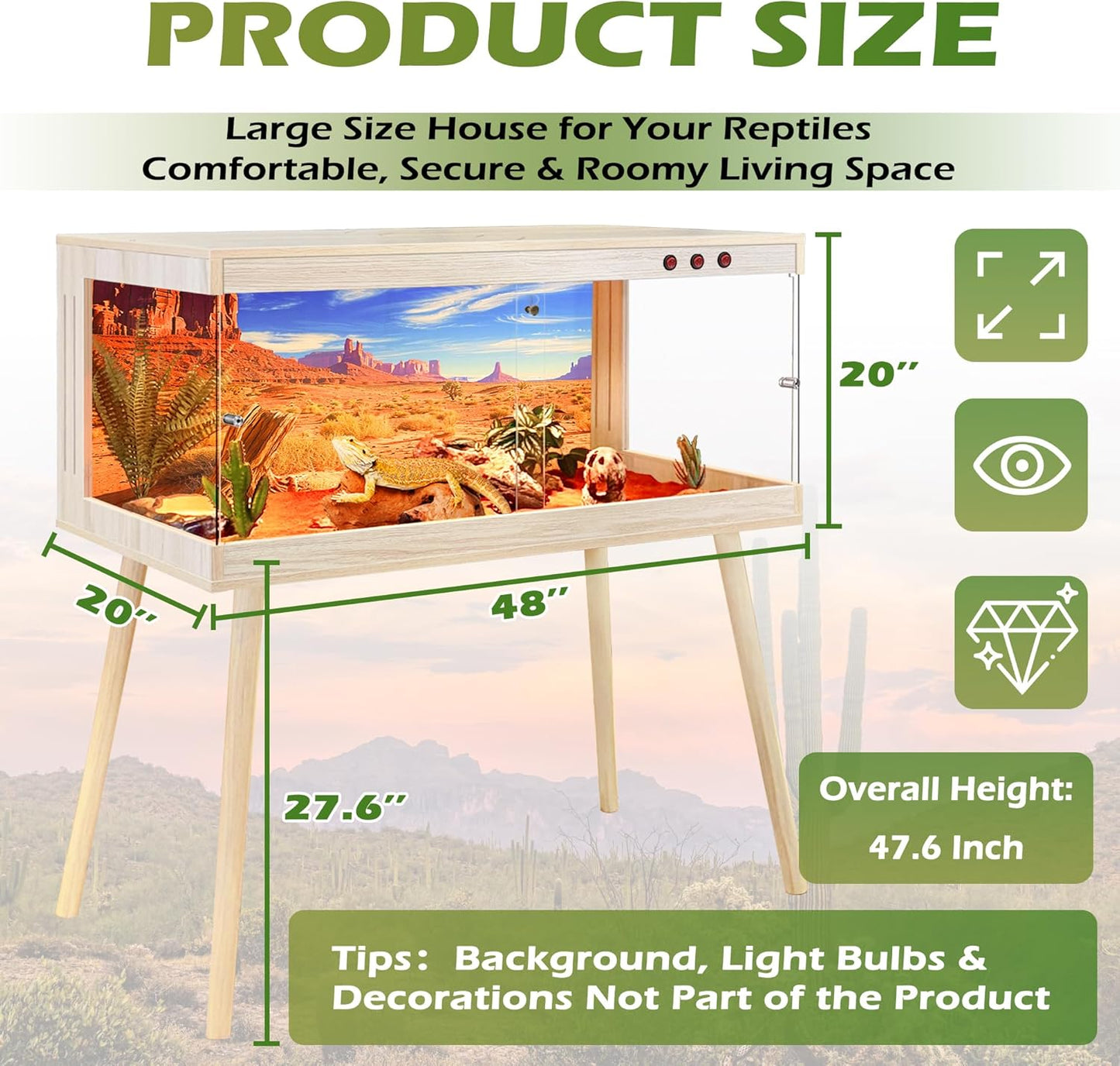 Royxen Tempered Glass Bearded Dragon Tank,81 Gallon Reptile Tank with Leg Stand,Built-in Lighting Reptile Enclosure Scartch-Proof Bearded Dragon Encloure for Chameleon,Snake,Lizard(Oak,48"x 20"x 20")