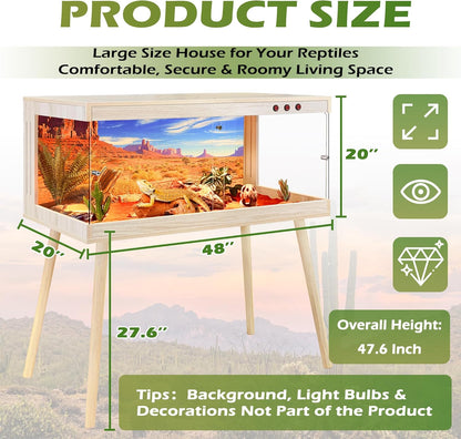 Royxen Tempered Glass Bearded Dragon Tank,81 Gallon Reptile Tank with Leg Stand,Built-in Lighting Reptile Enclosure Scartch-Proof Bearded Dragon Encloure for Chameleon,Snake,Lizard(Oak,48"x 20"x 20")