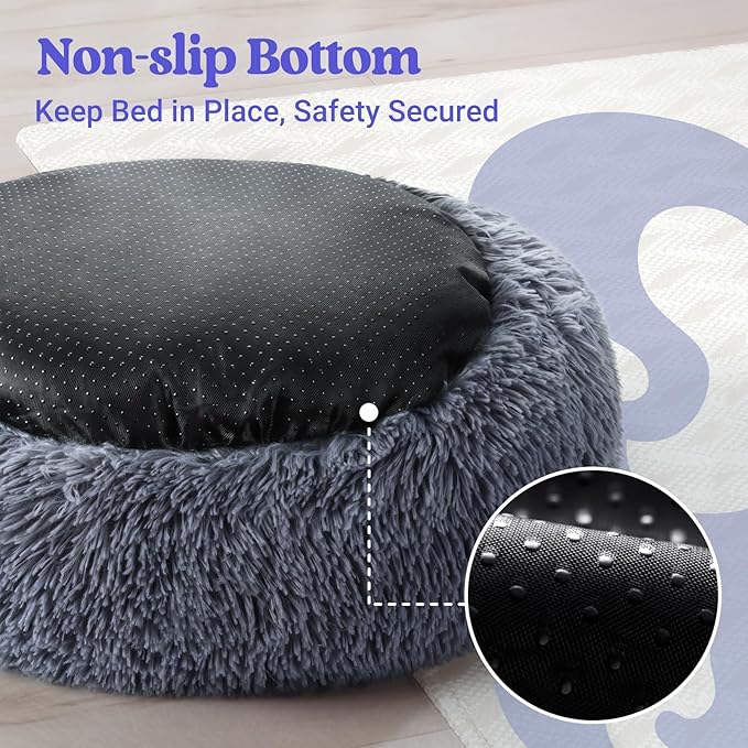 rabbitgoo Calming Dog Bed for Small Medium, 27 inches Pet Bed Machine Washable, Non-Slip Round Fluffy Plush Faux Fur, Soft Donut Cuddler Cushion for Small Dogs, Dark Grey