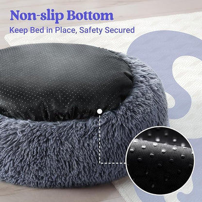 rabbitgoo Calming Dog Bed for Small Medium, 30 inches Pet Bed Machine Washable, Non-Slip Round Fluffy Plush Faux Fur Large Cat Cushion, Soft Donut Cuddler Cushion for Small Dogs, Dark Grey