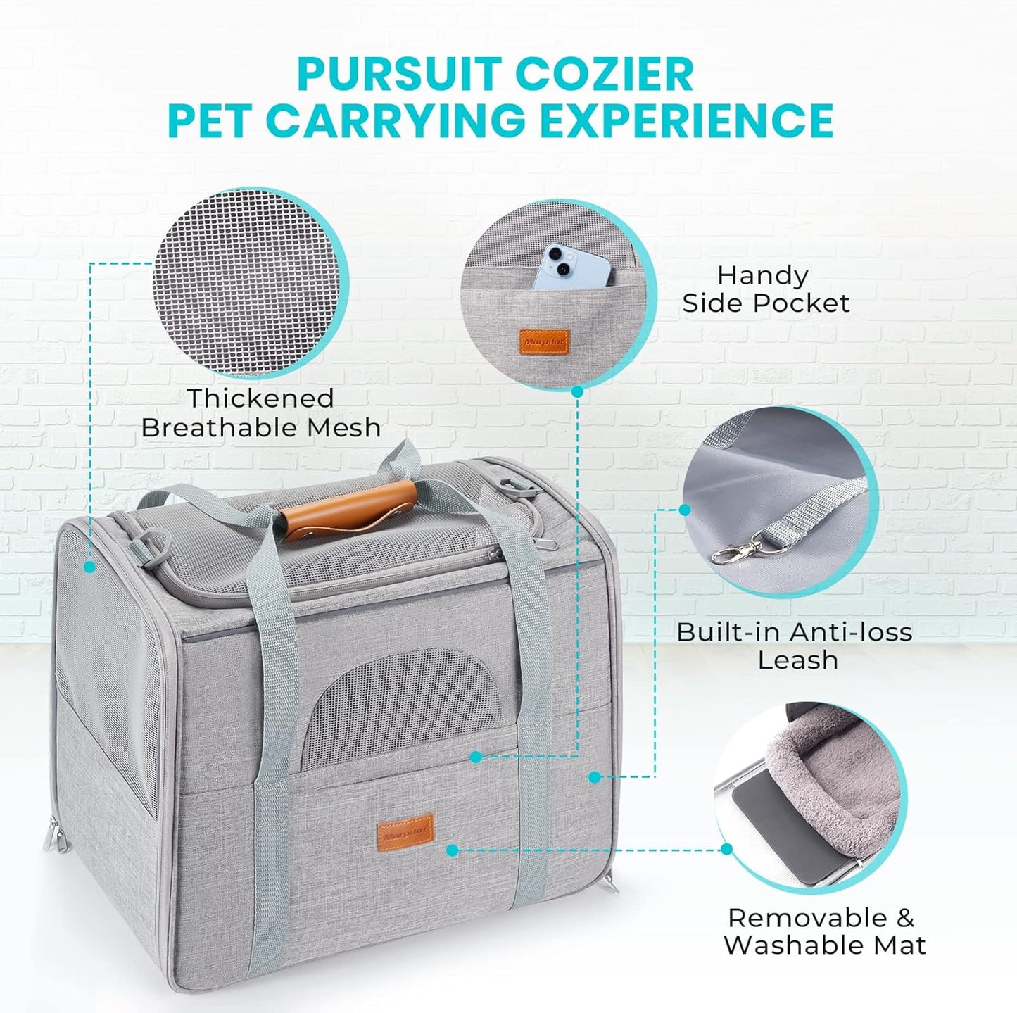 Morpilot Portable Cat Carrier - Soft Sided Cat Carrier for Medium Cats and Puppy up to 15lbs, Pet Carrier with Locking Safety Zippers, Foldable Bowl, Airline Approved Travel Dog Carrier - Light Gray