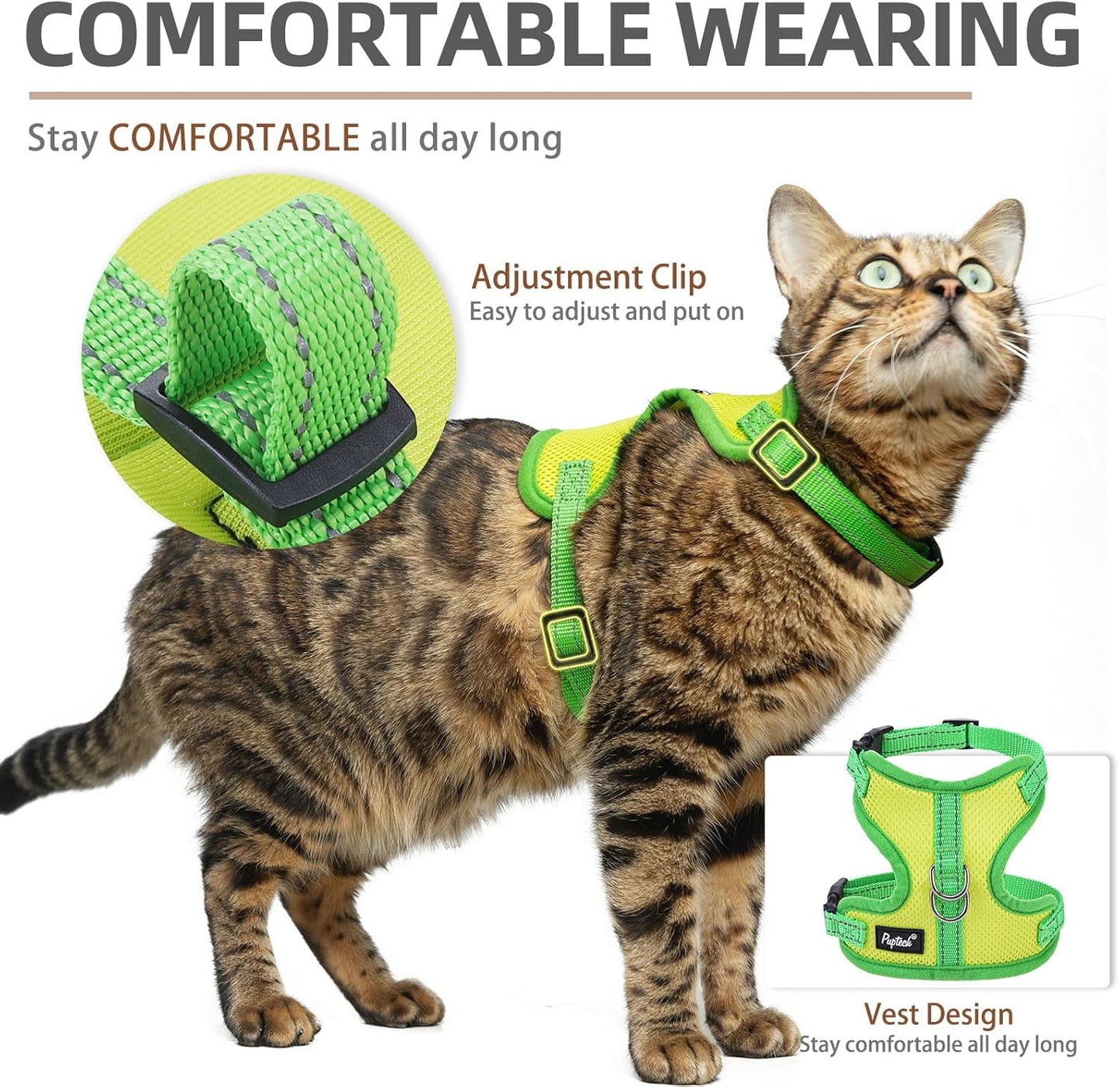 PUPTECK Cat Harness and Leash Set Escape Proof, Reflective Adjustable Soft Mesh Kitten Vest Harness for Walking Travel, Green, M