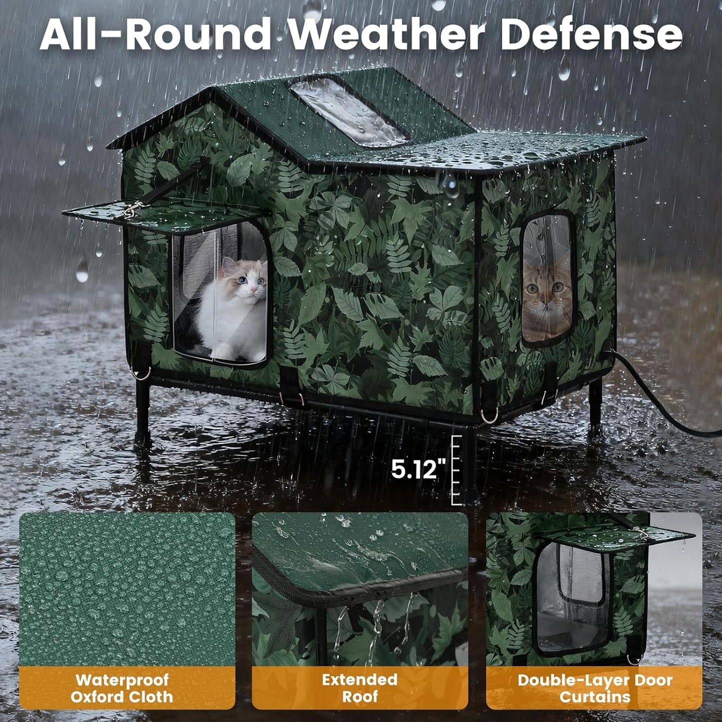 Heated Cat House for Outside in Winter, Weatherproof & Insulated Large Cat Shelter with Heated Cat Bed and 2 Safe Escape Doors for Multiple Stray/Feral Cats(Leaf Pattern, 27.6"x19.3"x21.3")