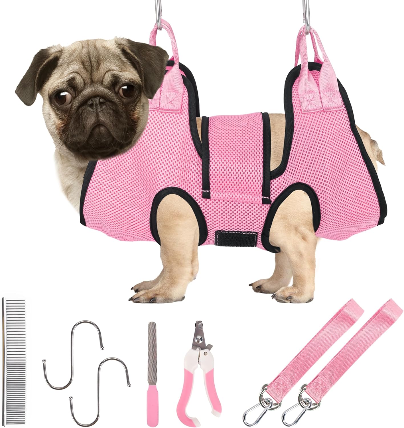 PatiencET Dog Grooming Hammock, Pet Grooming Hammock for Cats & Dogs with Security Strap, Dog Sling for Nail Trimming with Nail Clippers/Trimmer, Nail File, Pet Comb(Pink S)