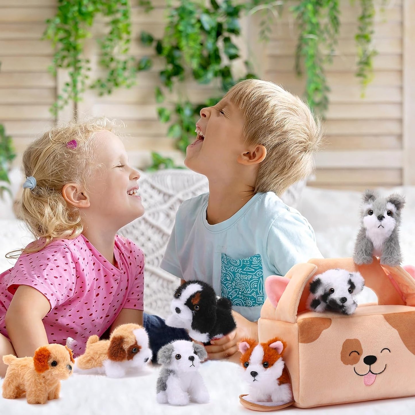 8 Pcs Dog Stuffed Animal Set Plush House with 7 Soft Stuffed Animal Plush Toy for Kids Christmas Birthday Halloween Pet Gift Party Favors Goodie Bags Stuffers