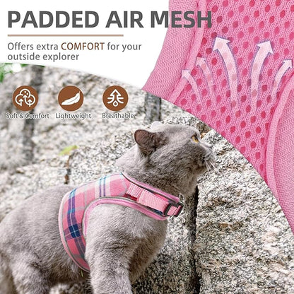 PUPTECK Soft Mesh Cat Vest Harness and Leash Set Puppy Padded Pet Harnesses Escape Proof for Cats Small Dogs Rabbits Bunny, Plaid Pink, S