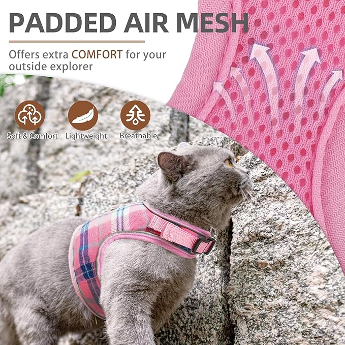 PUPTECK Soft Mesh Cat Vest Harness and Leash Set Puppy Padded Pet Harnesses Escape Proof for Cats Small Dogs Rabbits Bunny, Plaid Pink, XL