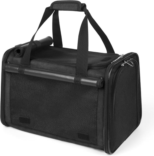 YUDODO 25 lbs Lightproof Soft Sided Large Cat Carrier for Small Pet Dog Airline Approved Travel Bag Puppy Carriers with Side Pockets & Reflective Mesh, Foldable Portable for Outdoor Car Black