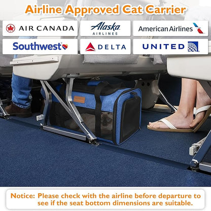 PETUX TSA Approved Pet Carrier in Cabin, 17"x11"x9.5" Soft Cat Carriers for Small Cat up to 12 lb, Top-Open Portable and Breathable Pet Carrier Airline Approved for Travel and Vet Visit, Blue