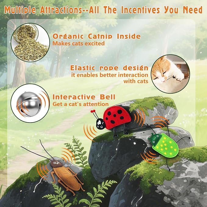 3 Pack Realistic Bug Catnip Cat Toys,Bell Sould Kitten Bite Interactive Kicker Toys for Cat's Natural Hunting