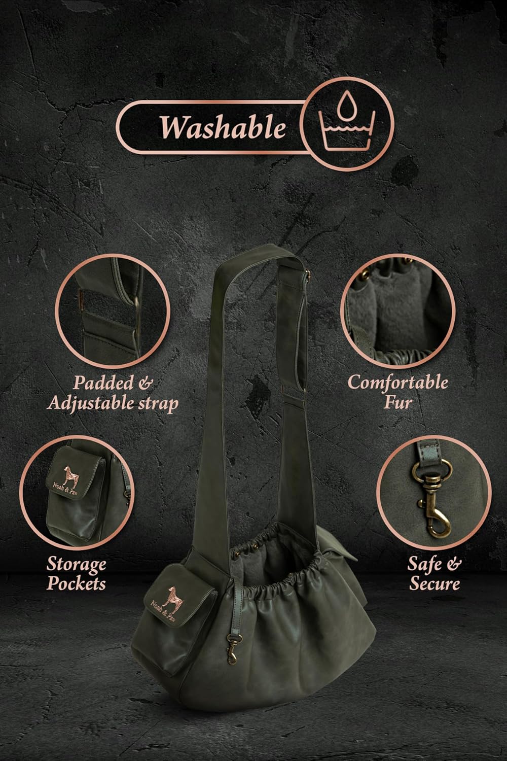 Noah & Paw Dog Sling Carrier for Small Dogs 5-18lb, Dog Sling for Small Dogs and Cats, Dog Carrier with Adjustable Padded Strap, Vegan Leather Lined with Fur, Double Safety Feature, Machine Washable