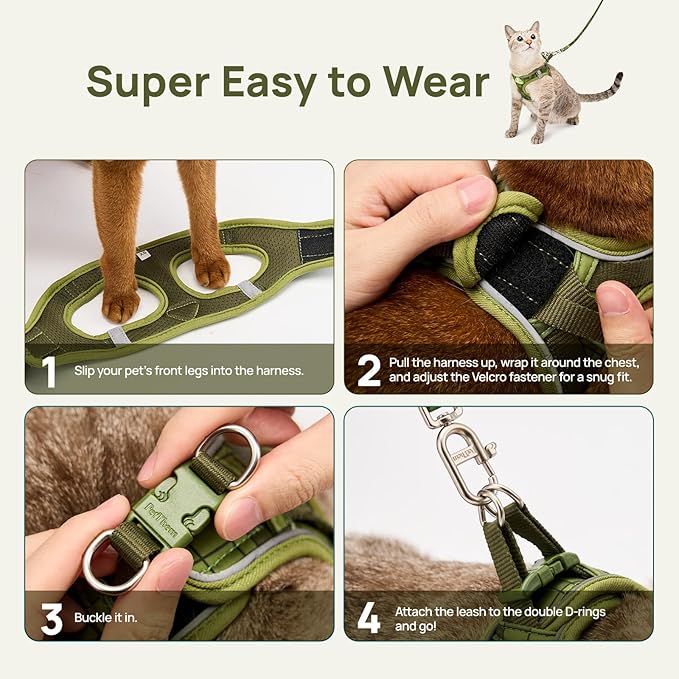 Cat Harness and Leash Set, Step-in Escape Proof Adjustable Vest Harness for Small Medium Large Cats, Lightweight Soft Breathable Reflective Kitten Harness for Walking Travel, Camping(Green, L)