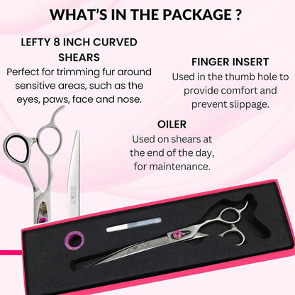 Kenchii Love Left Handed Dog Grooming Scissors, 8 Inch Curved Shears, Dog Scissors for Grooming, Professional Pet Grooming Scissors, Ergonomic & Comfortable