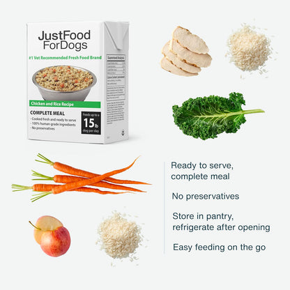 JustFoodForDogs Pantry Fresh Wet Dog Food, Complete Meal or Topper, Chicken & White Rice Human Grade Recipe - 12.5 oz (Pack of 6)