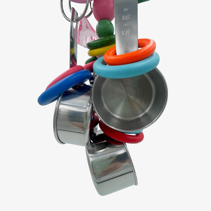 Metallic Pots and Multicolored Ring Strings Toys, Pullable 5 Stainless Steel Cups and Wooden Ring Toys for Large and Extra Large Parrot Amazons Macaws African Greys Cockatoos Eclectus