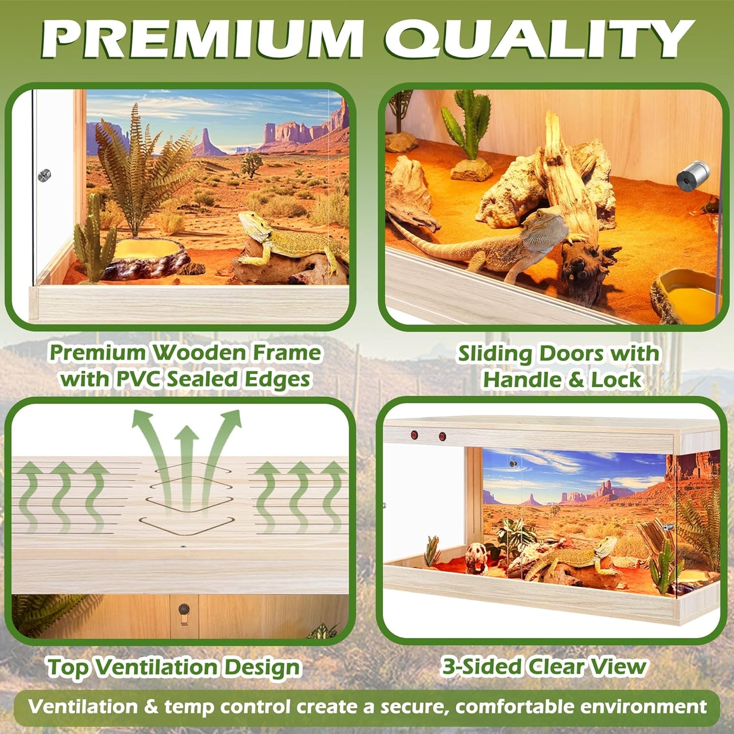 Royxen Tempered Glass Reptile Enclosure,Reptile Tank with Wooden Mesh Top and Lockable Design,32 Gallon Bearded Dragon Tank for Lizard Gecko Tortoise Snake Habitat,32" x 16" x 16",Oak