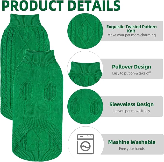 PUPTECK Winter Cat Sweater Coat - Soft Warm Cold Weather Clothes Knitwear for Kittens & Small Dogs Indoor Outdoor Wearing, Knitted Classic for Doggies Kitties Girls Boys, Green, S