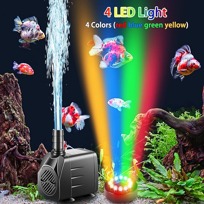 Submersible Pump, Small Fountain Pump with Tubing, Submersible Water Pump for Aquarium Fish Tank Indoor or Outdoor Pond Fountain Hydroponics Statuary (25W 400GPH, With Led Light)