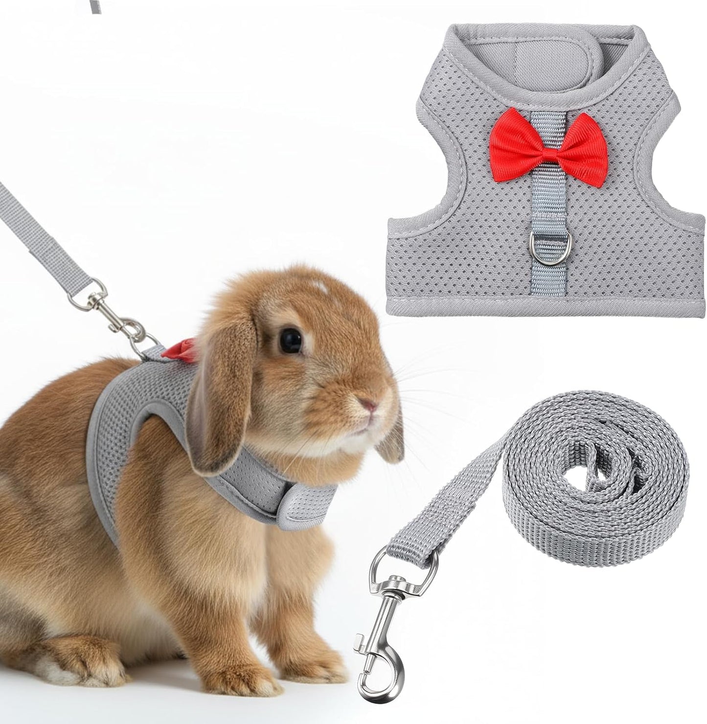 Bunny Harness and Leash Set, Cute Bow Rabbit Vest Soft Breathable Mesh Rabbit Leash and Harness Set Escape Proof Walking Gear for Rabbits, Ferrets, Kittens, Guinea Pigs, Grey M