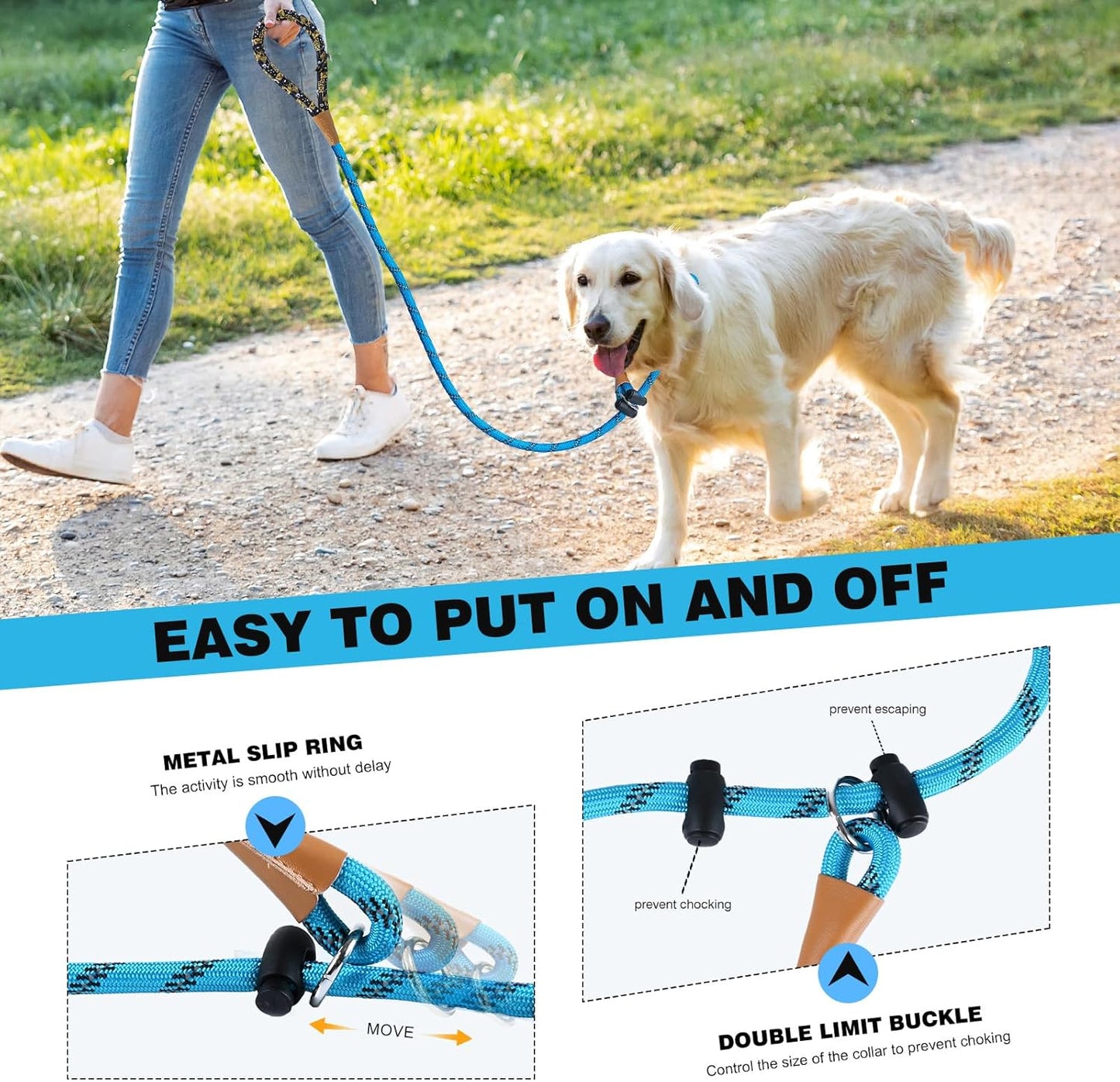 lynxking Slip Lead Dog Leash Reflective, Heavy Duty Comfortable Strong Rope for Large Medium Small Dogs No Pull Pet Training (Light Blue, 2PCS Large 1/2in x 6ft)