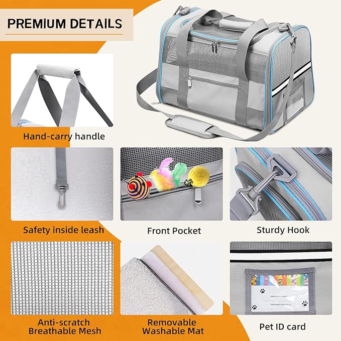 Large Cat Carrier Dog Carrier, Pet Carrier for 2 Cats Large Cats, Dog Carrier for Medium Small Dogs, Collapsible Soft Sided Pet Carrier for Cats Dogs Puppy of 25 Lbs, Light Grey