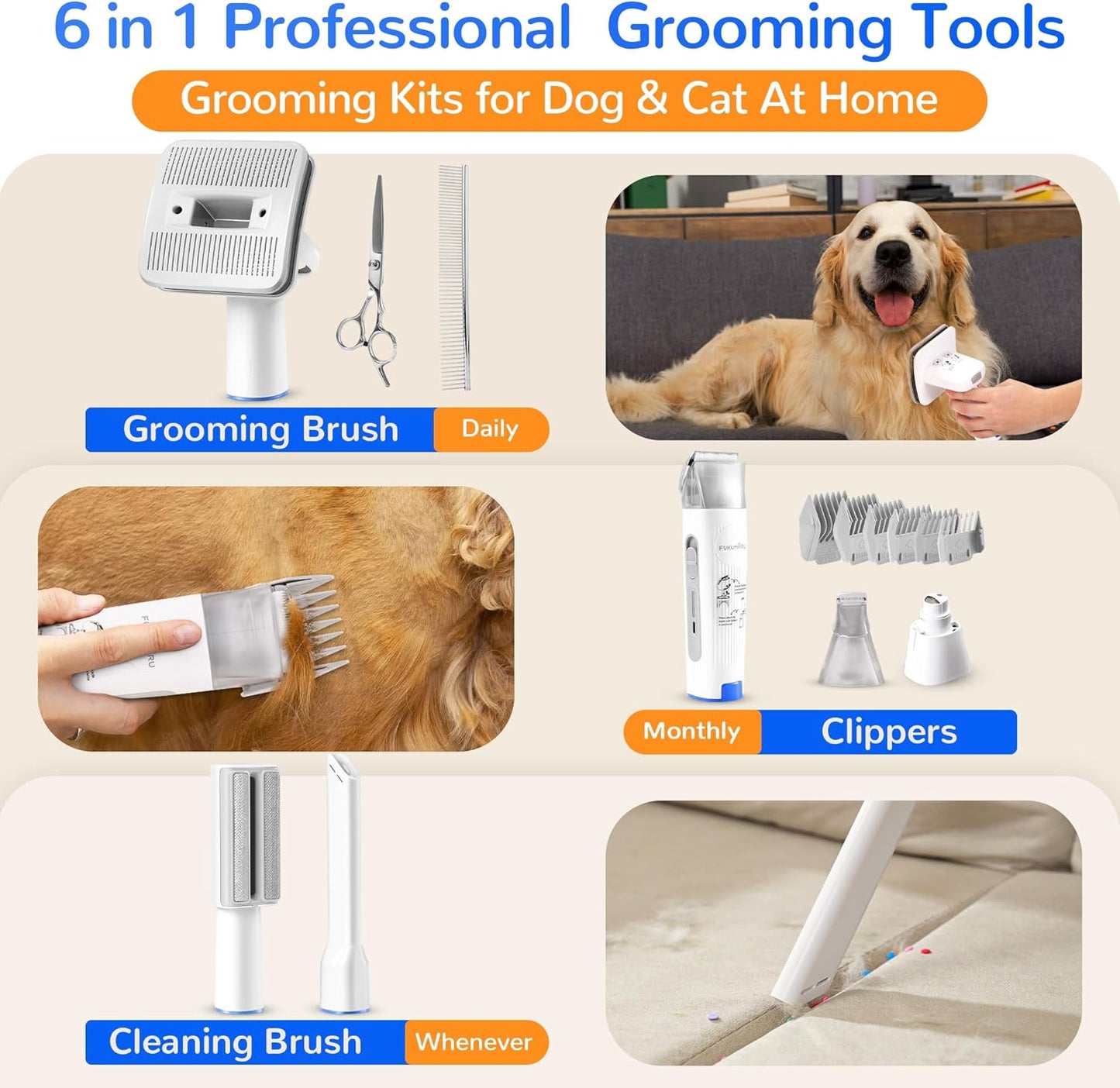FUKUMARU Dog Grooming Vacuum & Pet Vacuum Grooming Kit, Pet Groom Tools for Dog Hair Shedding, 2L High-Capacity Cup, 6 Professional Tools with Dogs Nail Grinder and Cat Fur Clipper