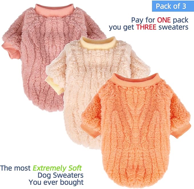 FabriCastle Dog Sweaters, 3-Pack Dog Clothes, Soft and Warm Pet Jackets for XXS XS S Dogs Girl & Cats, Winter Pet Apparel Costumes, Female Puppy Outfits (Ivory,Pink,Coral, XX-Small)