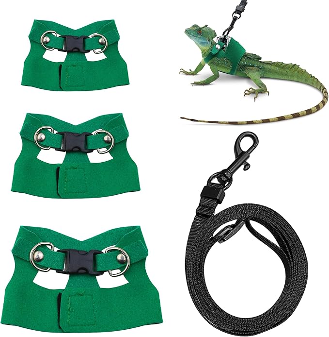 Bearded Dragon Harness and Leash Set, 3 Size Adjustable Soft Leather Reptile Leash, Lizard Harness with Retractable, Small Animal Outdoor Walking Vest with Traction Rope, 3 Pack (Green)