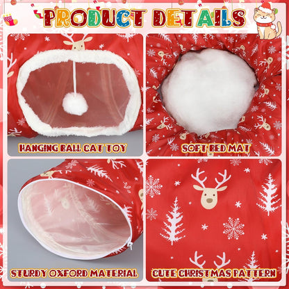 Christmas Cat Tunnel Bed for Indoor Cats Under Christmas Tree Skirt Tube with Hanging Ball Plush Cat Cave, Washable Holiday Pet Gift Toy & Gift for Kittens(Elk)