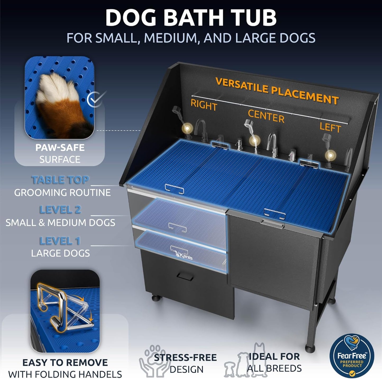 KANIS Black Line Professional Dog Washing Station - 304 Stainless Steel Pet Wash Sink & Grooming Bathtub w/Shower, Floor Grates and Storage for Large, Medium & Small Pets (50", 1 Drawer - Right Ramp)