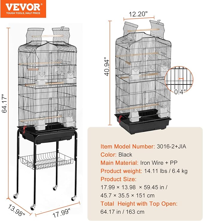 VEVOR 64-inch Open Top Large Parrot Bird Cage with Detachable Rolling Stand for Parakeets Finches Canaries Lovebirds Cockatiels Budgies Small Quaker Conures Flight Birdcage with Swing and Perch