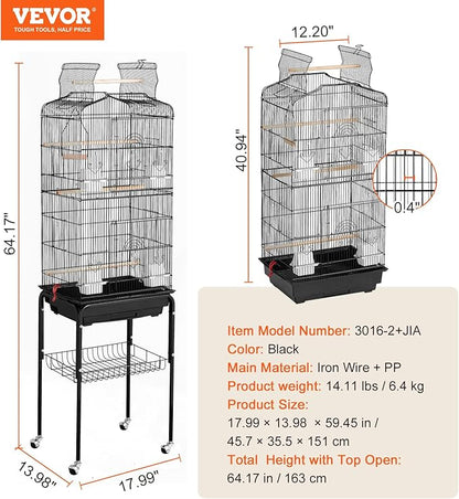 VEVOR 64-inch Open Top Large Parrot Bird Cage with Detachable Rolling Stand for Parakeets Finches Canaries Lovebirds Cockatiels Budgies Small Quaker Conures Flight Birdcage with Swing and Perch