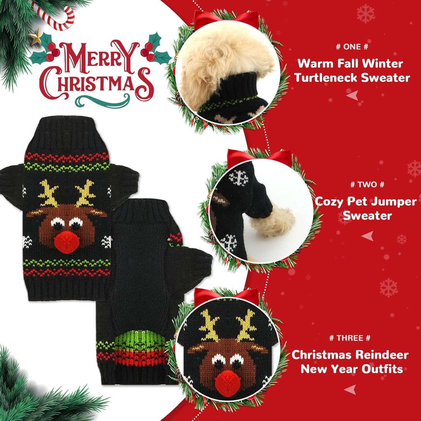 PETCARE Dog Christmas Sweater Black Ugly Funny Cute Cartoon Reindeer Cat Sweaters Jumper Holiday Dog Clothes Puppy Sweaters for Small Medium Large Dogs Fall Winter Outfits Xmas Dogs Costume,X-Small