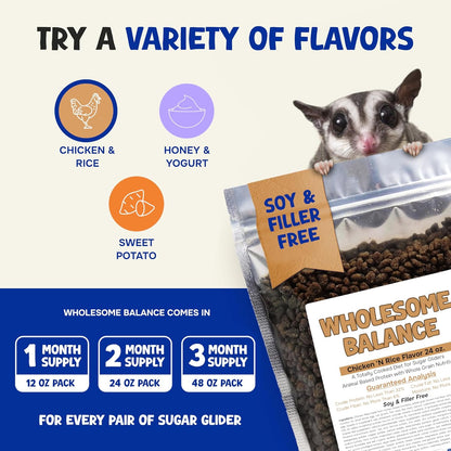 Suncoast Sugar Gliders Wholesome Balance Food - Complete Nutrition with High Animal Protein, Calcium, Vitamins & Minerals, Premium Dense Food for Sugar Gliders & Small Animals - Chicken & Rice, 1.5lbs