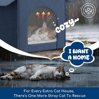 Outdoor Cat House Weatherproof, Insulated Cat Houses for Outdoor/Indoor Cats for Winter, Waterproof Feral Stray Cat Shelter with Warm Cushion and Door Curtain, Easy to Assemble, Navy Blue