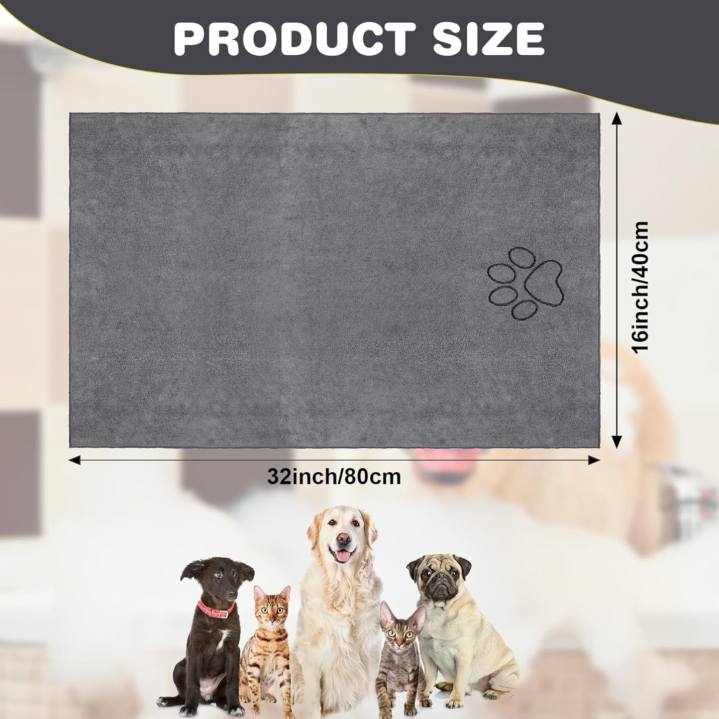 Chumia 4 Pack Dog Towels for Drying Large Microfiber Grooming Tools Absorbent Soft Bath Supplies with Embroidered Paw for Small Medium Pet Products(16 x 32 Inch,Gray)