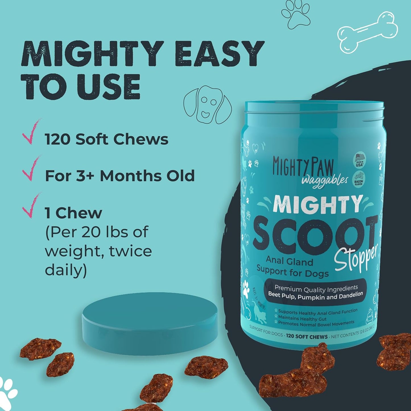 Mighty Paw Waggables Mighty Scoot (Made in USA) | Dog Digestive Support Anal Gland Chews. Anal Gland Scoot for Dogs. Beet Pulp & Pumpkin Fiber Supplements. Pet Bowel Gut Health (120 Count)