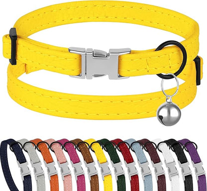 Leather Cat Collar with Buckle and Removable Bell - Non Breakaway Adjustable Soft Safety Small Pet Collars for Girl Boy Cats Kitten (Yellow)