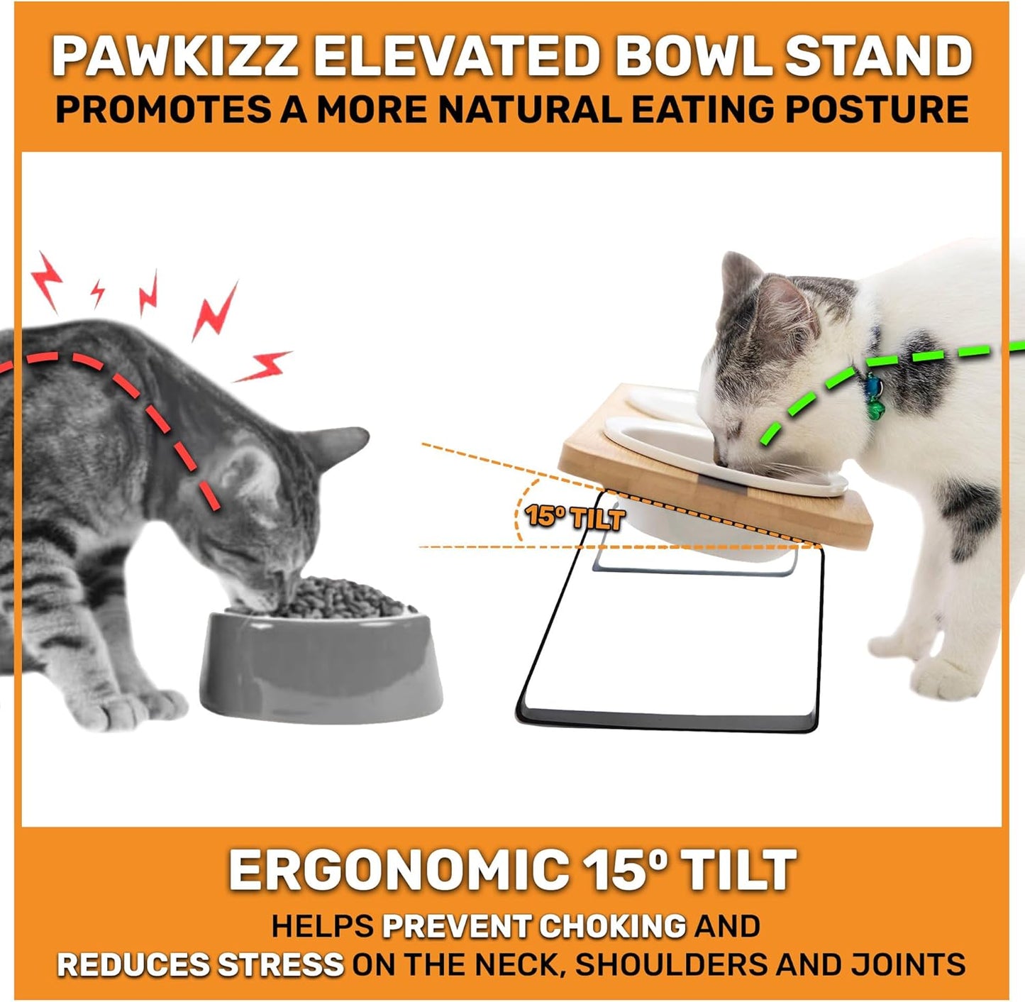 Elevated Cat Bowl Stand for Food and Water – Anti-Vomit Raised Feeding Station with Tilted Stand – Cat Ear Design, Removable Ceramic Bowls, Anti Slip Bamboo Base, Dishes for Indoor Cats & Kittens