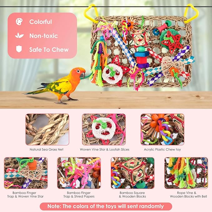 KATUMO Bird Toys, Bird Foraging Wall Toy, Edible Seagrass Woven Climbing Hammock Mat with Colorful Chewing Toys, Suitable for Lovebirds, Finch, Parakeets, Budgerigars, Conure, Cockatiel