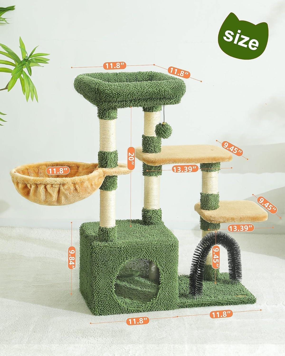 HOOPET 32IN Cactus Cat Tree for Indoor Cats - Multi-Level Cat Tower with Hammock, Condo, Scratching Posts, Self-Grooming Brush & Play Ball - Space-Saving Cat Furniture for Small Apartments