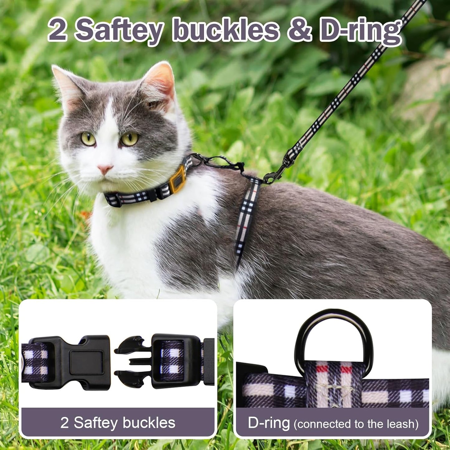 Hikiko Cat Harness and Leash Set Escape Proof Adjustable Walking Travel Soft Kitten Harness for Small Medium Large Cats (Khaki Plaid, M)