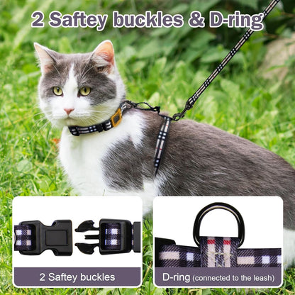 Hikiko Cat Harness and Leash Set Escape Proof Adjustable Walking Travel Soft Kitten Harness for Small Medium Large Cats (Khaki Plaid, M)