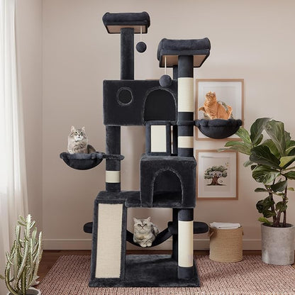 SHA CERLIN 65in Larger Cat Tree Tower Condo for Indoor Kitties/Multi-Level Furniture Activity Center with Wide Base/Cozy Plush Cat Perches/Baskets/Sisal Scratching Posts and Hammock/Dark Grey