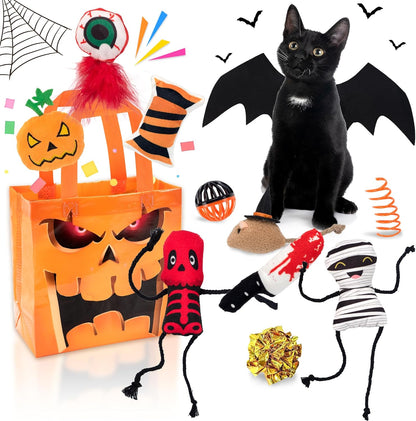 12pcs Halloween Cat Toys w/Bat Wings Costume & Organized Bag Set, Various Plush Cat Catnip Toys for Indoor Cats Kitten Teething Chewing Halloween Play