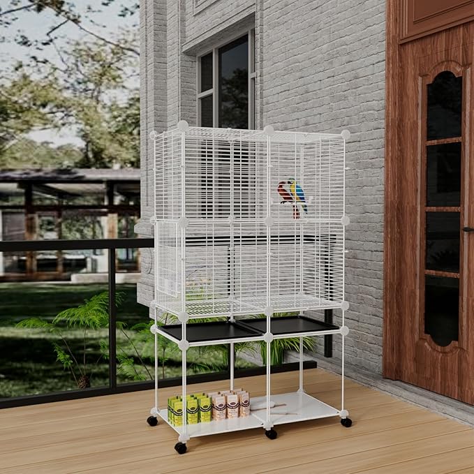 Standing Large Bird Cage, Parakeet Cage with Detachable Stand & Wheels, Wide Flight Birdcage for Parrot Cockatiel Conure Budgie Canary Finch Lovebird