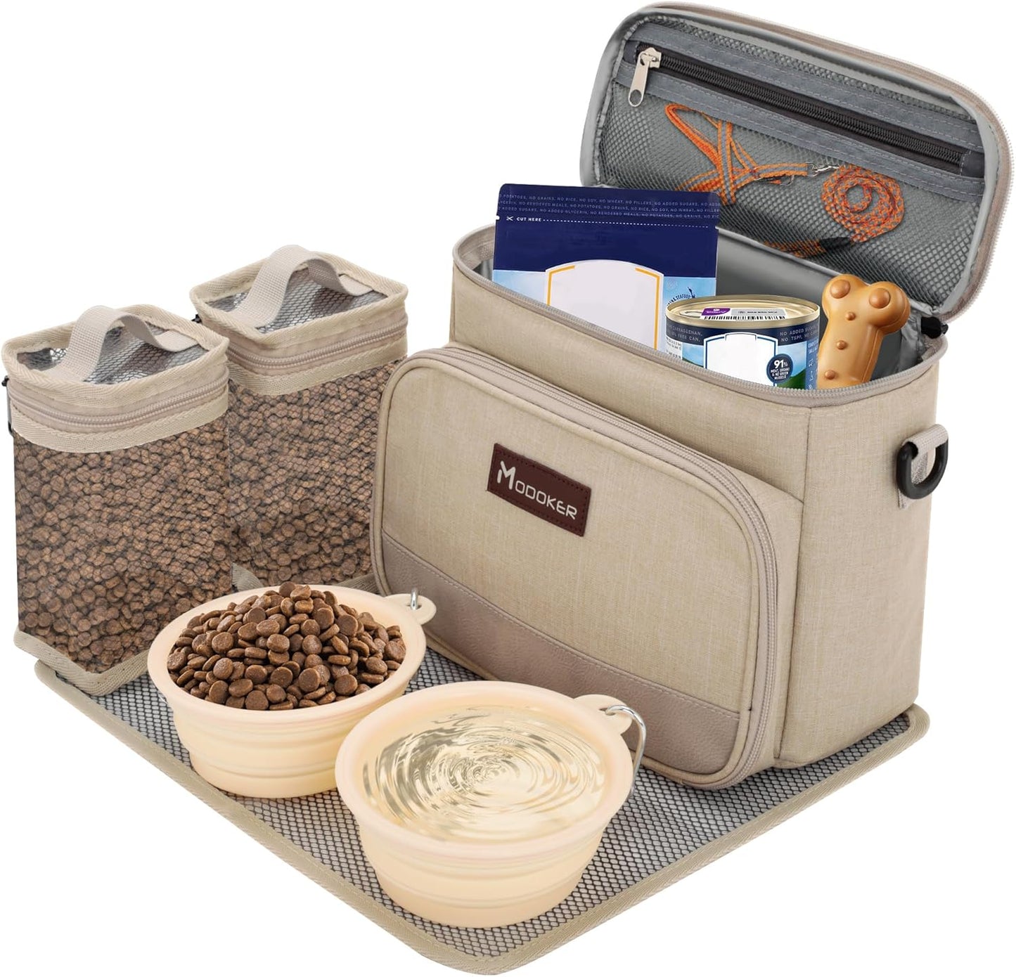 Modoker All-in-One Dog Travel Bag Airline Approved Pet Cat Tote Organizer for Weekend Trips, 2 Bowls, 2 Food Containers & Feeding Mat