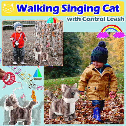 Gray Walking Cat Set Singing That Purrs and Meows Animated Plush Robot Kitten with Leash Moving Plush Stuffed Animal Remote Control Cute Kawai Robotic Kitty Electronic Kitten Toy for Girl Kid