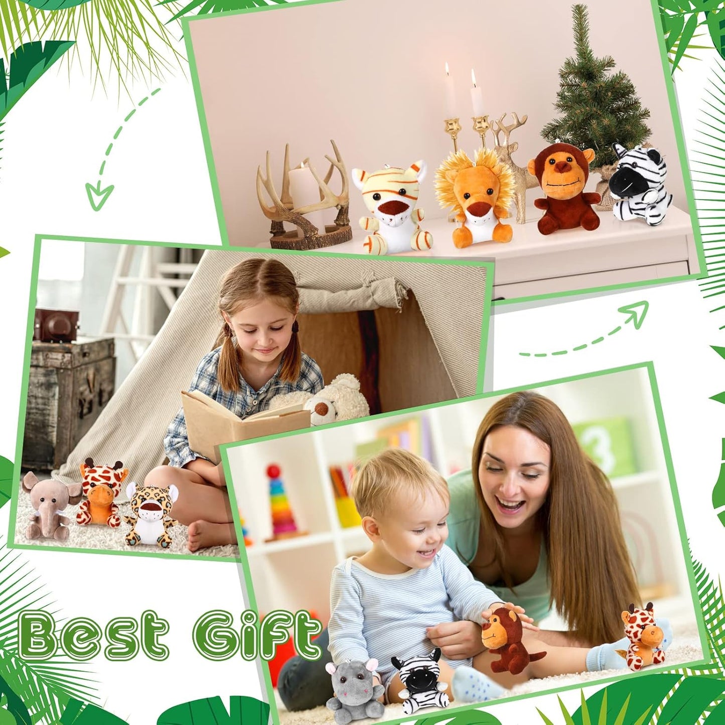 HyDren 40 Pack Mini Stuffed Jungle Animals in Bulk 4.7 Inch Safari Plush Toys,Lion Tiger Elephant Giraffe Leopard Monkey Hippo Zebra Forest Plush Dolls for Animal Theme Party Favors Classroom Award