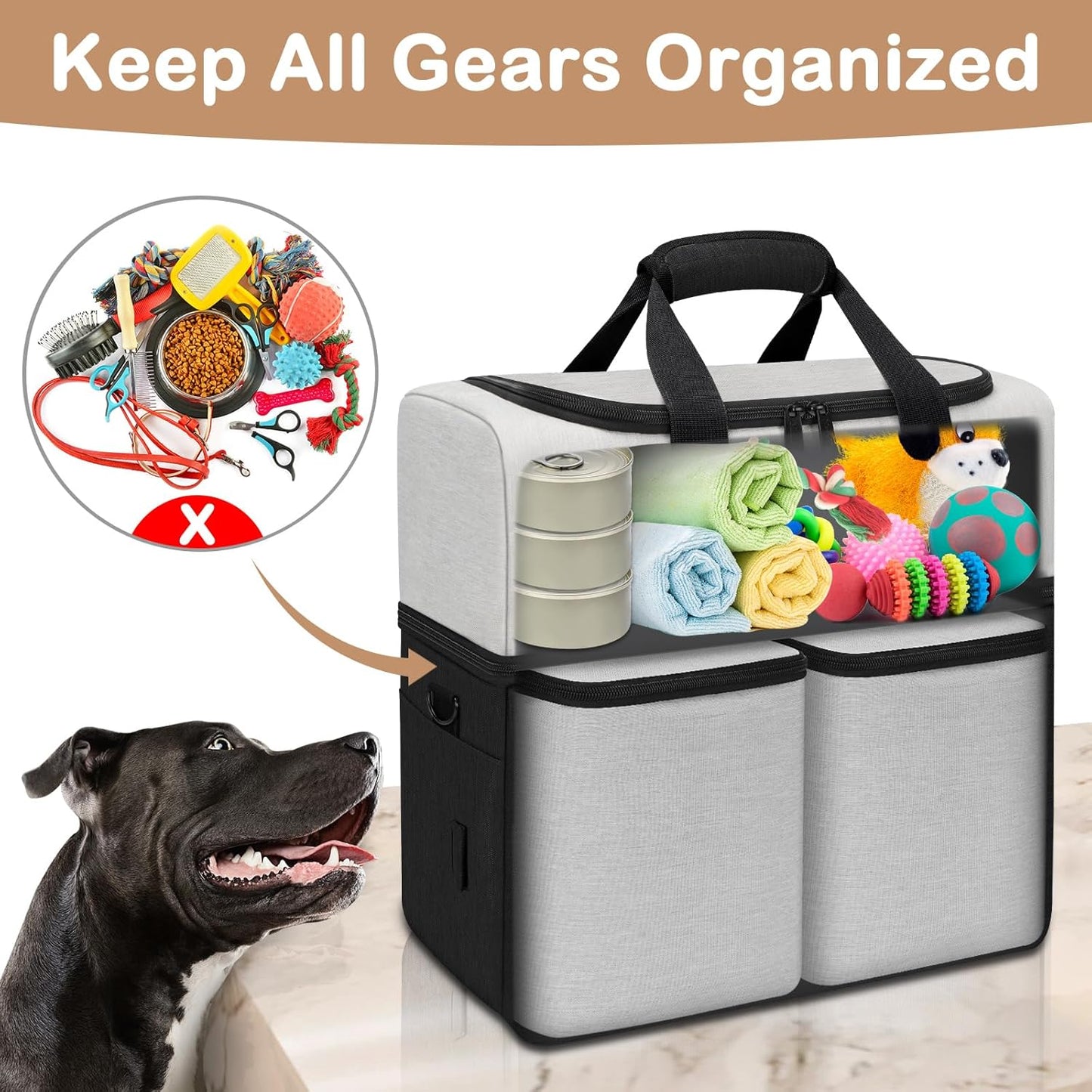 Mancro Dual Layers Dog Travel Bag, Pet Travel Bag with 2 Extra Large Food Containers, 2 Collapsible Dog Bowls, Multi-Pockets Tote Organizer for Pet Essentials for Dogs, Black